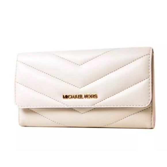 Michael Kors Jet Set Travel Large Trifold Wallet Quilted Stripe Light Cream/Gold - Picture 1 of 9